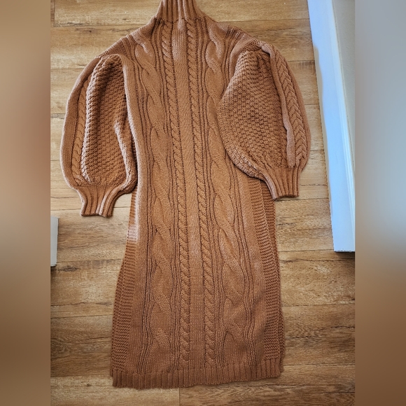 $150 Kelly Obi Chunky Cable Knit Sweater Dress Sz L High Slits Balloon Sleeves - Picture 8 of 9